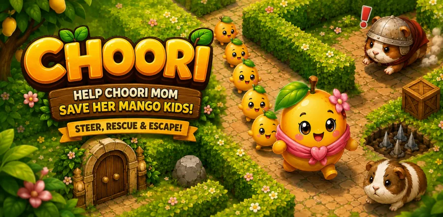 Choori key art — Mango Mom leading her line of Baby Mangos through the hedge maze