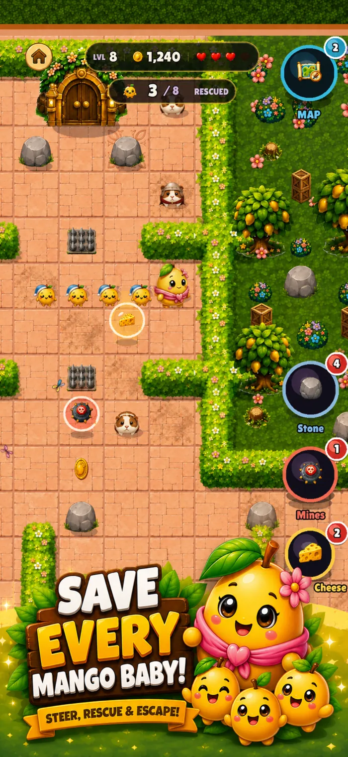 Gameplay: Mango Mom leads a line of rescued Baby Mangos through the hedge maze