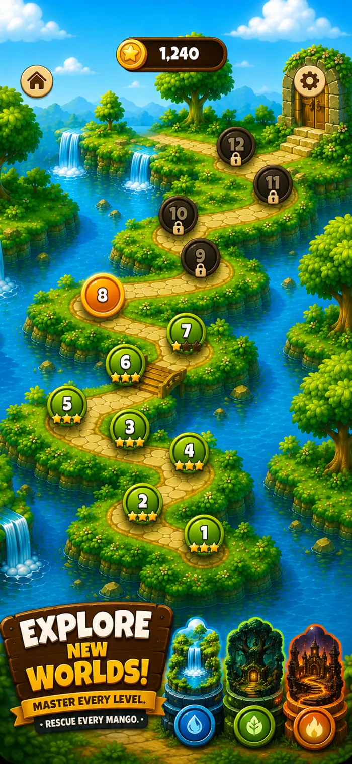 Level select: a winding river path of numbered levels across the world map