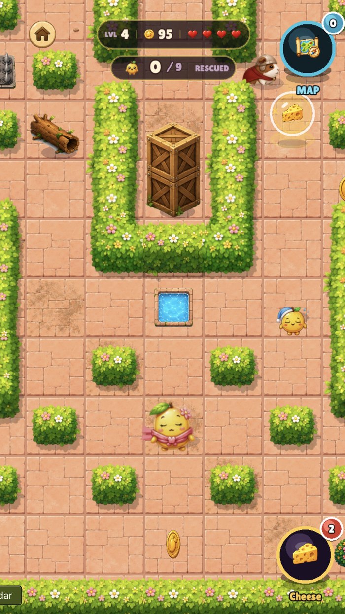 Gameplay: hedge maze with crate obstacles